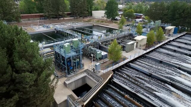 Medium view of wastewater treatment facility focusing on advanced filtration equipment and biological reactors ensuring compliance with environmental standards.