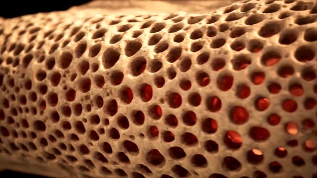 Close-up of a porous bone structure with red light shining through the holes.