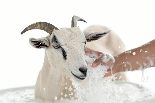 Goat Enjoying a Bath: A charming goat enjoys a relaxing bath, with soapy water and gentle hands.