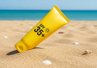 Sunscreen bottle with SPF 35+ text placed on the seashore sand.