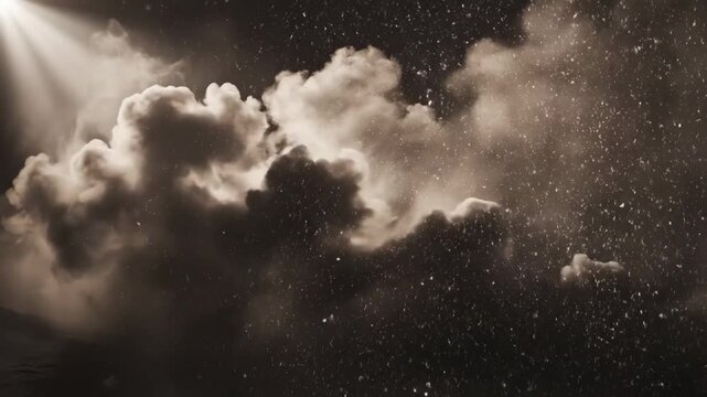Dramatic cloudscape with snowflakes and sun rays in monochrome atmospheric winter scene overlay