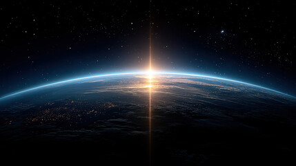 Sunrise over planet Earth horizon from space with glowing light flare dark shadowed continents and distant stars in deep black cosmic background night sky