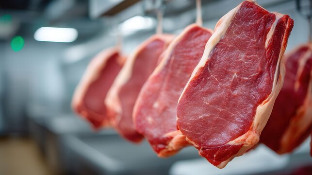 Fresh beef steaks hung by hooks in chilled shop, rich red with marbling & fat caps, diagonal row, shallow depth of field highlighting foreground cut.