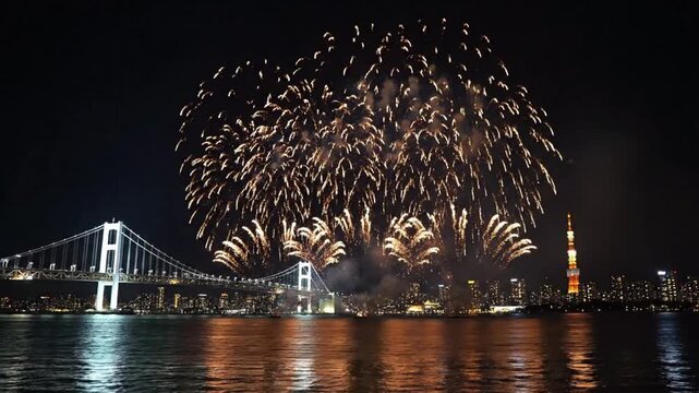 Fireworks display over Tokyo Bay with Rainbow Bridge and Tokyo Tower in the background during New Year celebration night