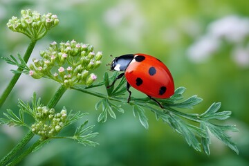 Obraz premium Red ladybug with black spots on feathery green leaf, antennae out, near pink buds. Soft light glints & veins blurred green bg. macro.