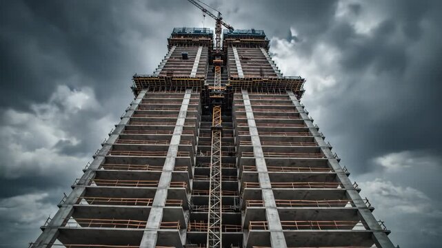Under construction skyscraper against a dramatic dark sky a tower crane working on highrise development and progress