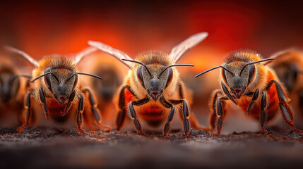 Close-up macro photography of three honey bees standing in a row on a rough surface with a vivid orange-red blurred background showcasing detailed textures and wings