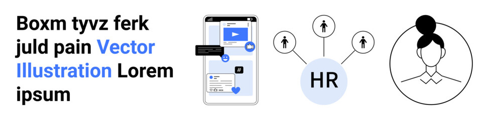 Human resources, recruitment, networking, digital communication, business management, online platforms. Smartphone with icons, HR diagram user profile icon. Human resources and recruitment concept