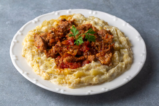 Turkish Food Hunkar Begendi made with Eggplant and Meat.