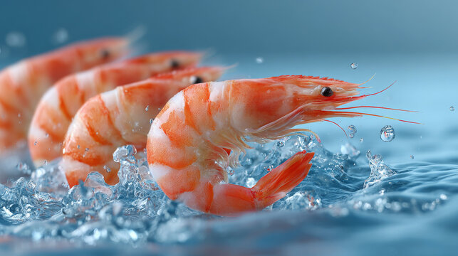 Fresh shrimp splashing in water with blue background  