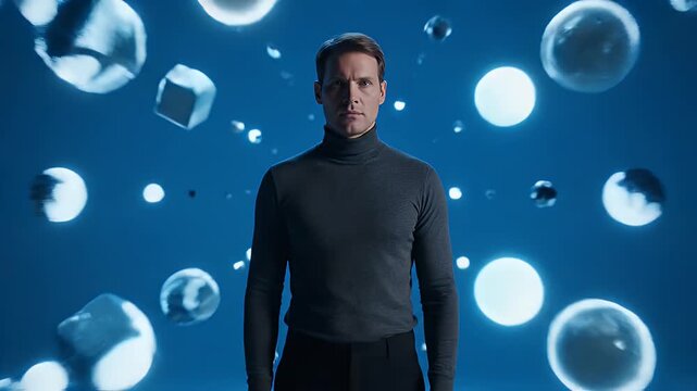 Man in turtleneck stands before glowing abstract geometric shapes
