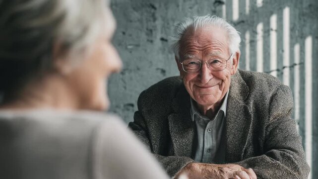 Thoughtful senior man listening intently, face to face with someone. A poignant moment of intergenerational connection, conveying empathy. Mature male in tweed jacket, serious expression.