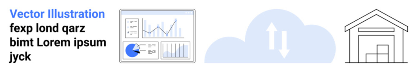 Data analytics dashboard, cloud with upload-download arrows, and warehouse symbolizing digital transformation. Ideal for analytics, cloud storage, logistics, data sync, reporting, IoT simple landing