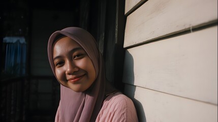 Young woman wearing hijab smiling and leaning on wall, casual fashion and lifestyle photo
