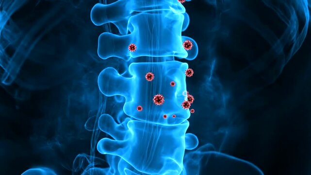 X-ray view of human spine with highlighted vertebrae and red infection markers.