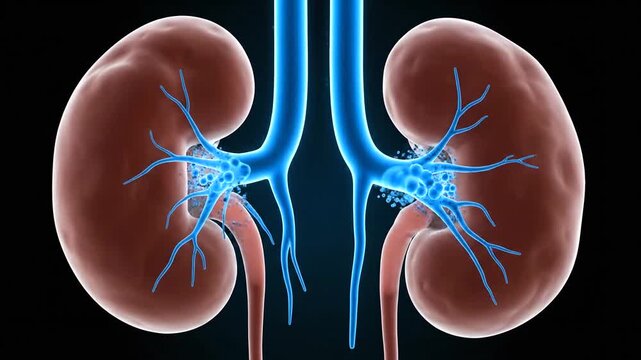 Human kidneys anatomy with renal pelvis and ureters.
