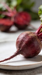 Fresh organic beetroot with vibrant green leaves on a rustic plate, ready for cooking