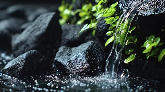 Java Water Flowing Over Black Stones and Greenery