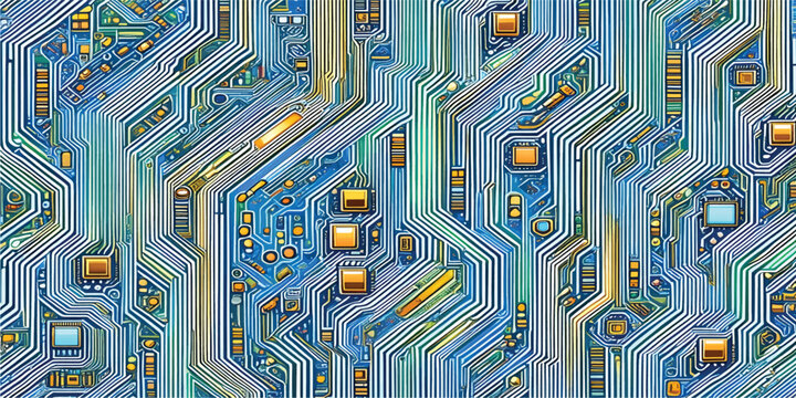 An abstract digital design featuring a macro texture of a printed computer motherboard with electronic chips and hardware components connected by a high-tech circuit pattern for data communication