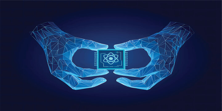 Abstract digital AI chip between human tech wireframe palms. Artificial intelligence technology background. Protection of semiconductor or microchip. Low poly wireframe vector illustration. Tech bg.