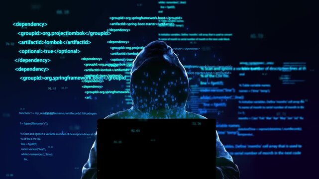 Hacker with hoodie and glitch face. Computer abstract digital code at the background. Dark web or darknet fraud