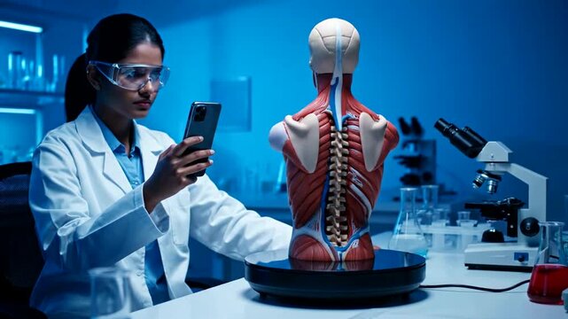 Female scientist examining human anatomy model in laboratory setting.