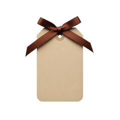 A brown tag with a brown ribbon tied around the top isolated on transparent background