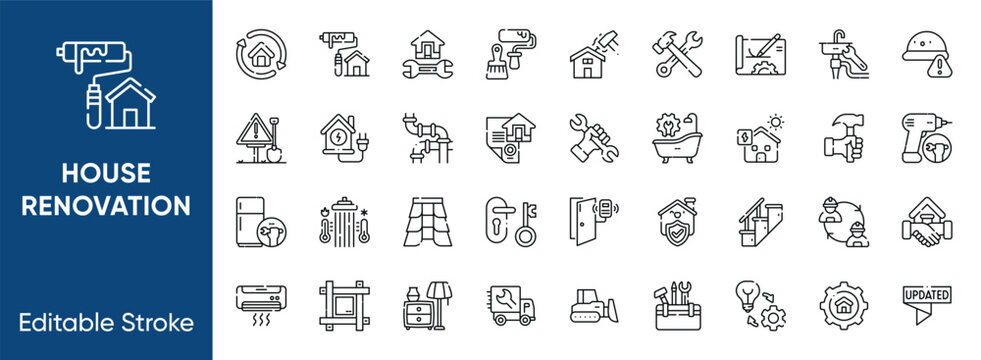 House renovation and construction line icons set including home repair tools, plumbing, blueprint architecture, and electrical maintenance symbols.