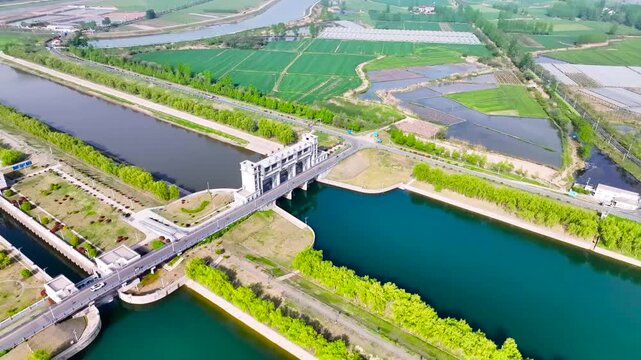 Aerial Agricultural Irrigation System with Canal Gates and Farmland