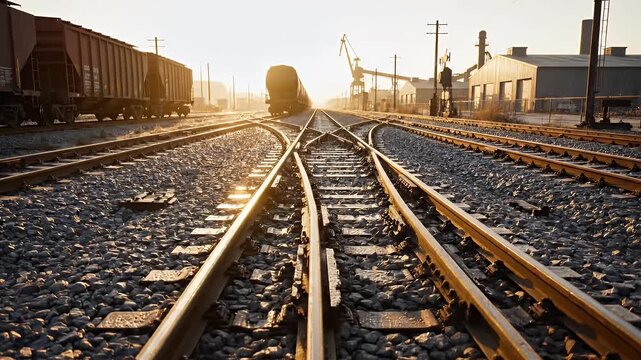 Railroad tracks converge in the golden light of sunset, leading to industrial structures