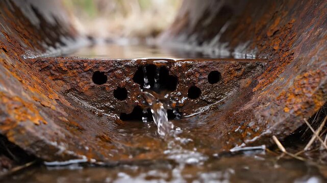 Close-up of rusted pipe with water flowing through holes