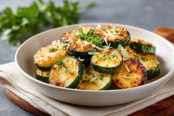 Crisp roasted zucchini slices in white bowl, topped with cheese & parsley, on napkin over wood, blurred green herbs behind.