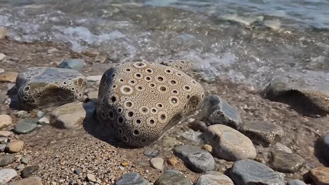 Waves crash on rocks with barnacles along the shoreline on a sunny day near the ocean in a coastal area