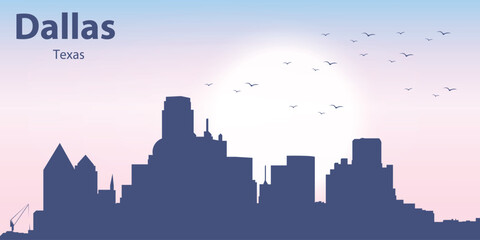 Fototapeta premium Stylized skyline of Dallas, Texas at sunrise. Modern flat illustration with urban silhouette, pastel gradient sky, sun and flying birds. Perfect for business, travel, web and city background designs.