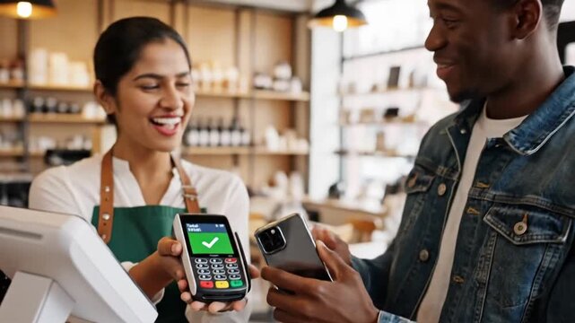Customer makes payment using NFC method at a coffee shop in the afternoon