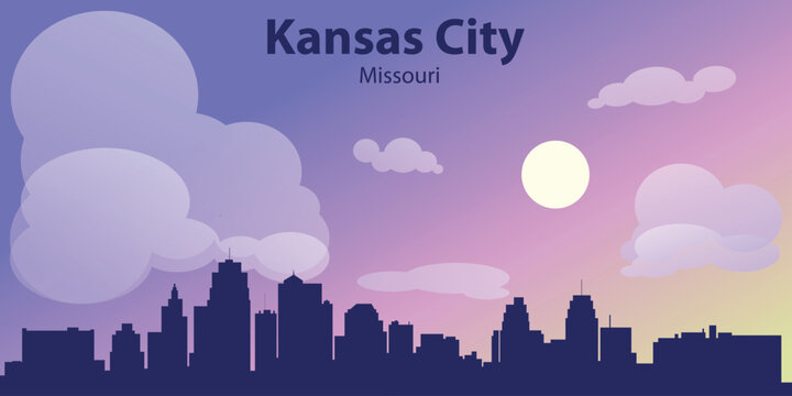 Stylized skyline of Kansas City, Missouri at sunset. Modern flat illustration with urban silhouette, pastel gradient sky, sun and soft clouds. 