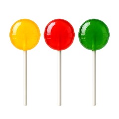 Three Colorful Lollipops Yellow Red and Green Suckers on White Background - Sweet Candy Concept