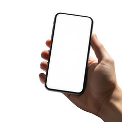 A hand holding a smartphone with a blank white screen isolated on transparent background