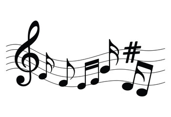 A musical staff with ascending notes and a sharp symbol in black and white isolated on white background, Vector, illustration
