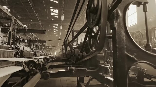 Vintage factory with rows of large, industrial textile machinery