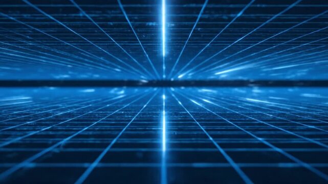 Futuristic blue grid with glowing neon lines and radiant light