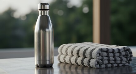 stainless steel water bottle and folded striped towels on table
