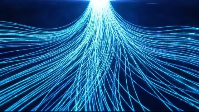 Abstract Digital Data Flow: Glowing Blue Lines Spreading Out from a Central Source, Illustrating High-Speed Network Connectivity and Information Tr...