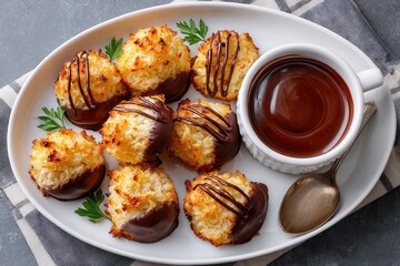 brown coconut macaroons, dipped & drizzled, on white oval plate with parsley, beside bowl of melted chocolate & spoon, on gray white checkered cloth.