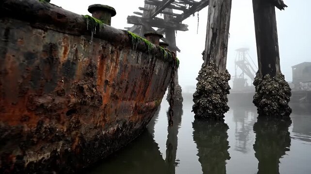 Rusted ship hull and derelict dock pilings in foggy water