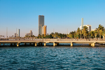 Obraz premium Modern skyscraper and luxury skyline on Jeddah waterfront corniche at sunset, Red Sea coast, Saudi Arabia