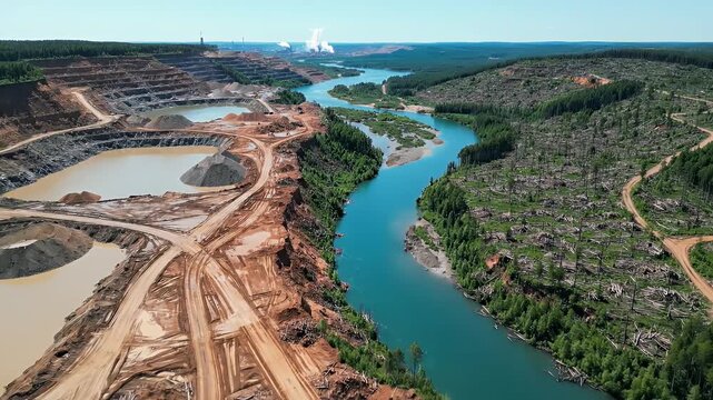 Aerial view of a vast open-pit mine bordering a vibrant blue river and deforested hills