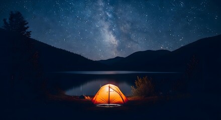 Camping under the starry night sky with a glowing tent by a serene lake surrounded by mountains