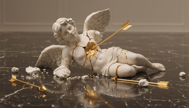 Broken marble Cupid statue with gold kintsugi repairs and arrows. Surreal heartbreak and healing concept