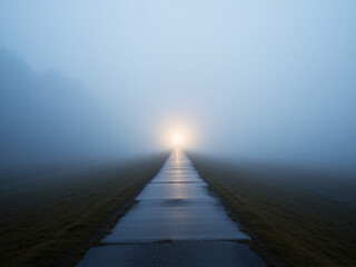 Obraz premium Ein schmaler Pfad führt in dichten Nebel mit sanftem Licht am Horizont. Das Motiv erzeugt Spannung, Erwartung und Offenheit.KI Generiert